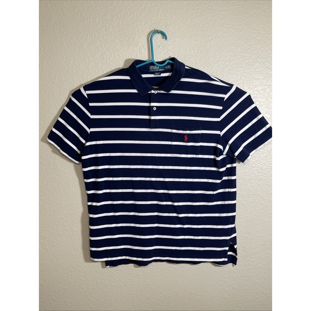 Polo By Ralph Lauren Pocket‎ Polo Shirt Mens XL Blue/White Striped Red Pony Logo